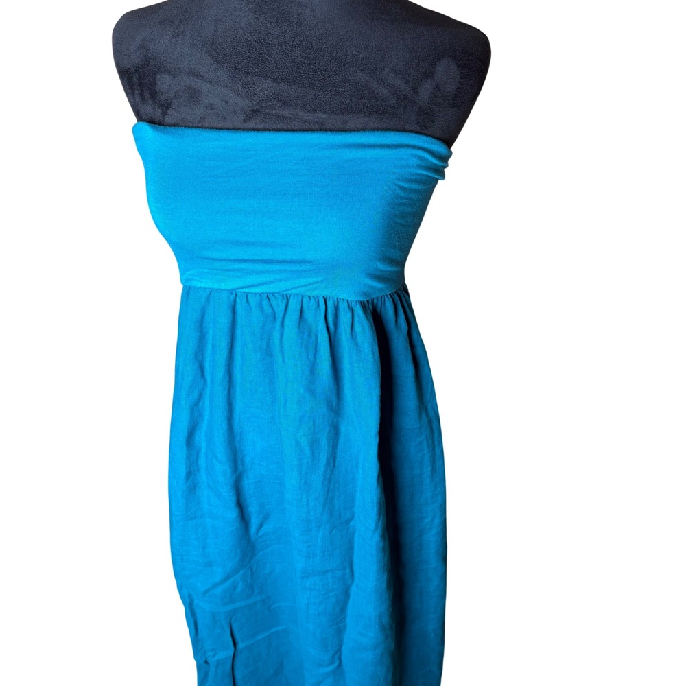 Jolie Los Angeles Women Blue 100% Linen Strapless Maxi Dress Pockets Large